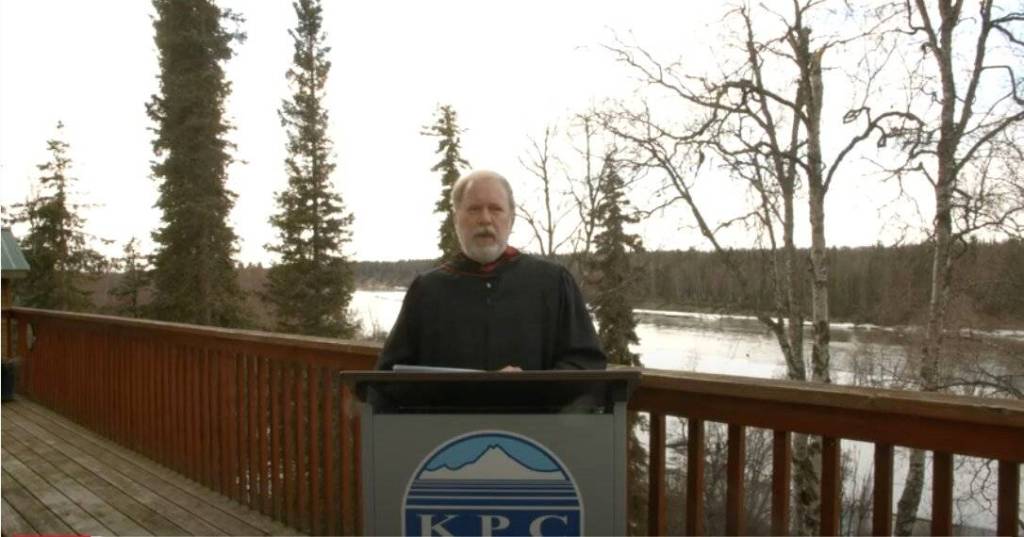 A screenshot of Kenai Peninsula College Director Gary Turner offering initial remarks during the schools 50th annual commencement ceremony for the 2020 graduating class, which was done virtually due to the COVID-19 pandemic, May 7, 2020, near Soldotna, Alaska.