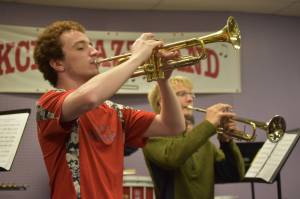 Silas Thibodeau and Dakota Wisnewski rehearse during a KCHS Marching Band practice on Aug. 18, 2022, in Kenai, Alaska. (Jake Dye/Peninsula Clarion)