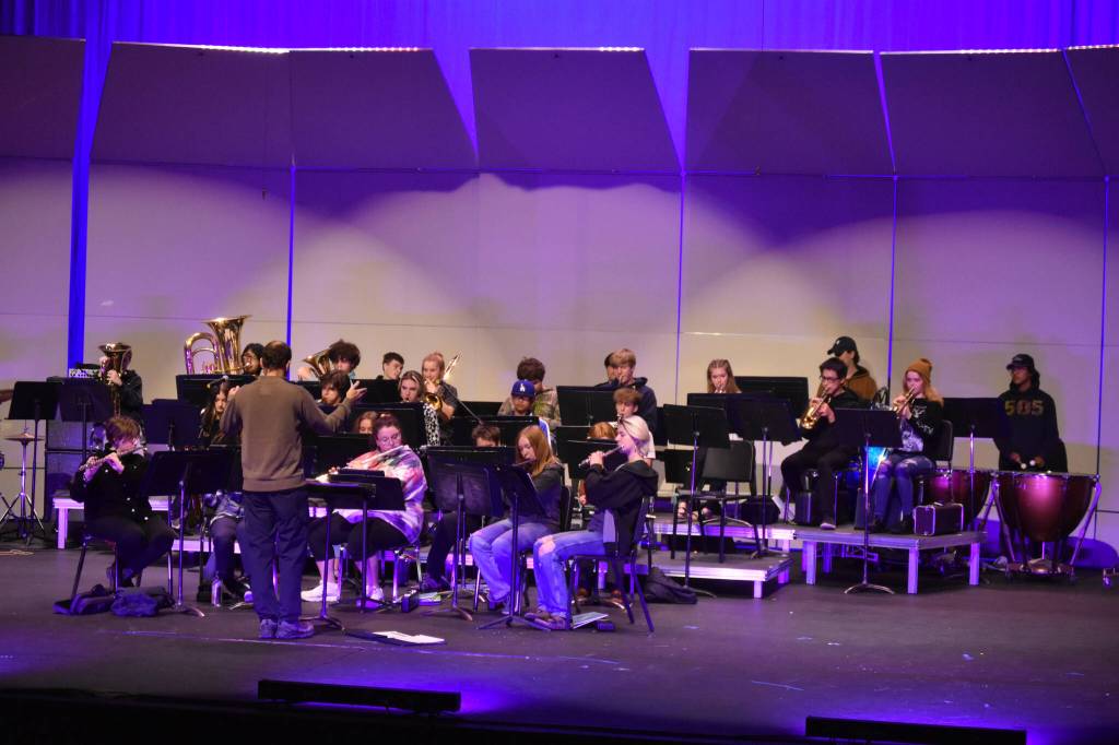 Mark Jurek directs the Soldotna High School Band at a rehersal on Oct. 11, 2022 at Soldotna High School in Soldotna Alaska. (Jake Dye/Peninsula Clarion)