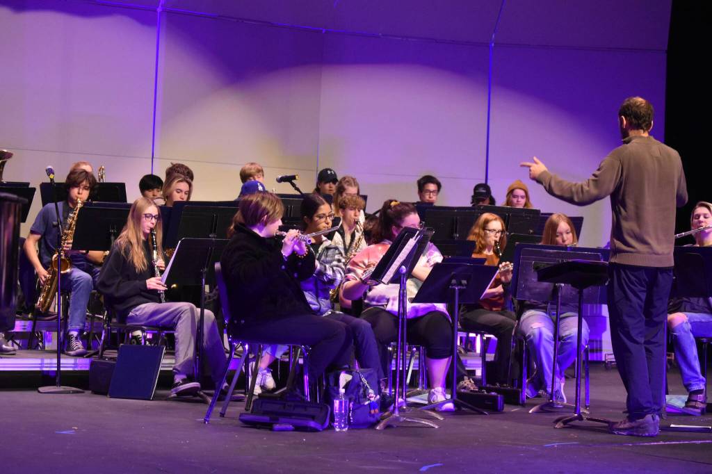 Mark Jurek directs the Soldotna High School Band at a rehersal on Oct. 11, 2022 at Soldotna High School in Soldotna Alaska. (Jake Dye/Peninsula Clarion)