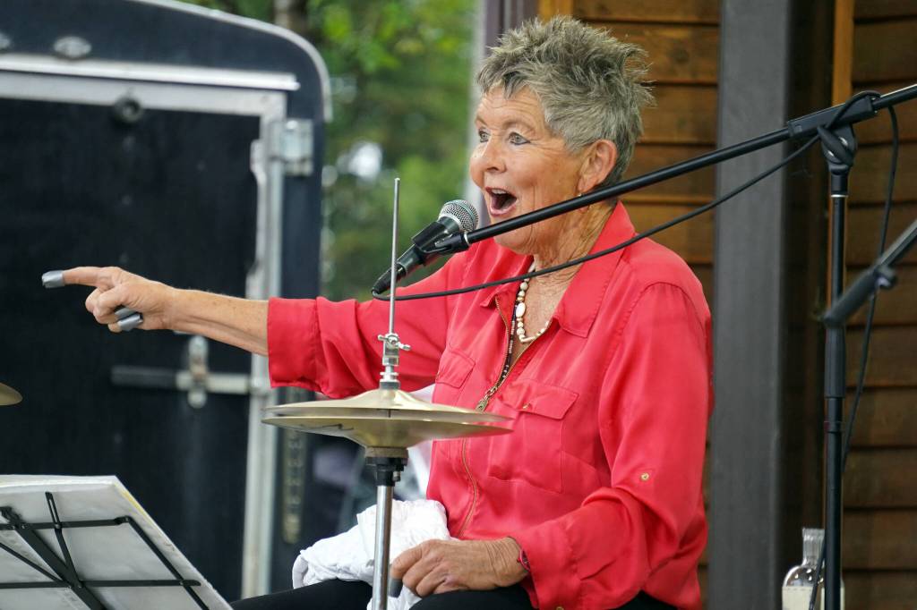 Connie Brannock, part of Connie Brannocks Tiny House of Funk, performs during the Soldotna Music Series at Soldotna Creek Park in Soldotna, Alaska, on Wednesday, June 21, 2023. (Jake Dye/Peninsula Clarion)