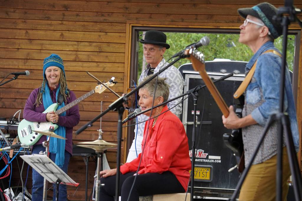 Connie Brannocks Tiny House of Funk performs during the Soldotna Music Series at Soldotna Creek Park in Soldotna, Alaska, on Wednesday, June 21, 2023. (Jake Dye/Peninsula Clarion)