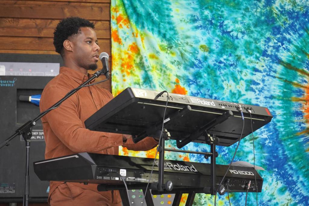 Donte Powell, part of Wasabi Black, performs during the Soldotna Music Series at Soldotna Creek Park in Soldotna, Alaska, on Wednesday, June 21, 2023. (Jake Dye/Peninsula Clarion)