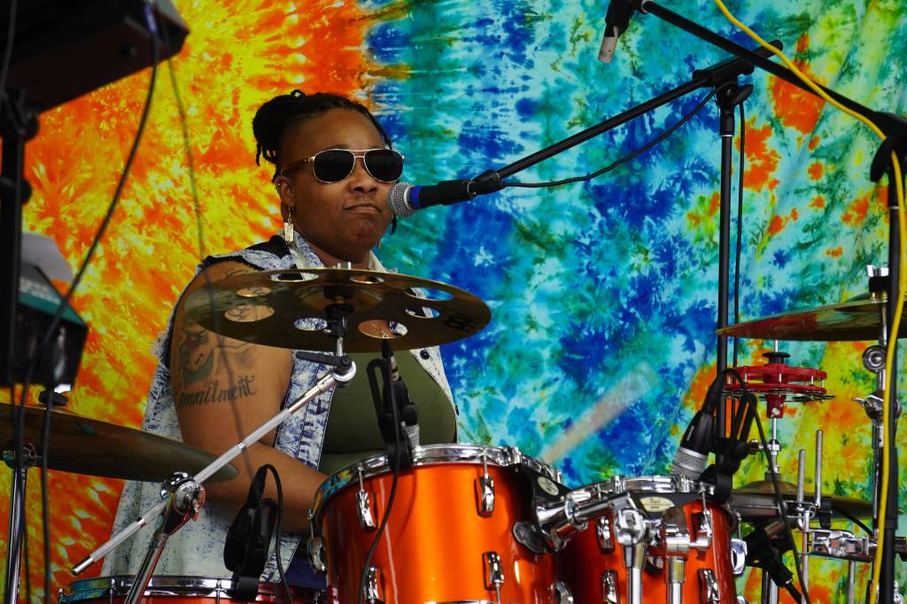 Sarah Felder, part of Wasabi Black, performs during the Soldotna Music Series at Soldotna Creek Park in Soldotna, Alaska, on Wednesday, June 21, 2023. (Jake Dye/Peninsula Clarion)