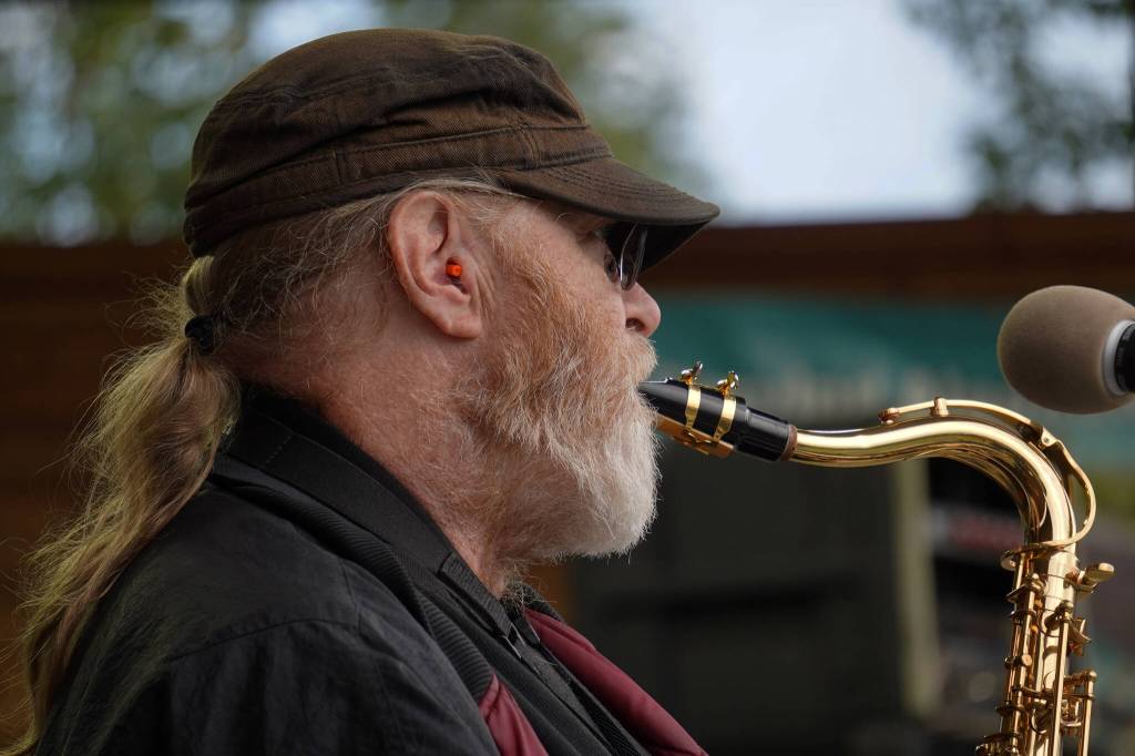 Bob Mabrey performs as part of Riverfront Gang at Soldotna Creek Park in Soldotna, Alaska, on Wednesday, Aug. 23, 2023. (Jake Dye/Peninsula Clarion)
