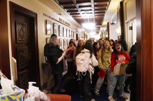 Juneau students chant outside the governors office on the third floor of the Alaska State Capitol during a statewide protest Thursday morning calling for more public education funding. (Mark Sabbatini / Juneau Empire)