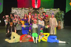 Homer students pose after their performance from the musical Shrek on Saturday after the three-day Broadway Bootcamp theater workshop with director Jim Anderson in October 2023, in Homer, Alaska. (Emilie Springer/ Homer News)