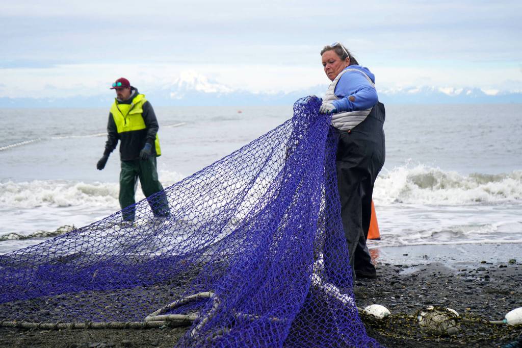 Sara Frostad-Hudkins pulls a beach seine net back toward the waters of Cook Inlet at a test site for the gear near Kenai, Alaska, on Tuesday, July 30, 2024. (Jake Dye/Peninsula Clarion)