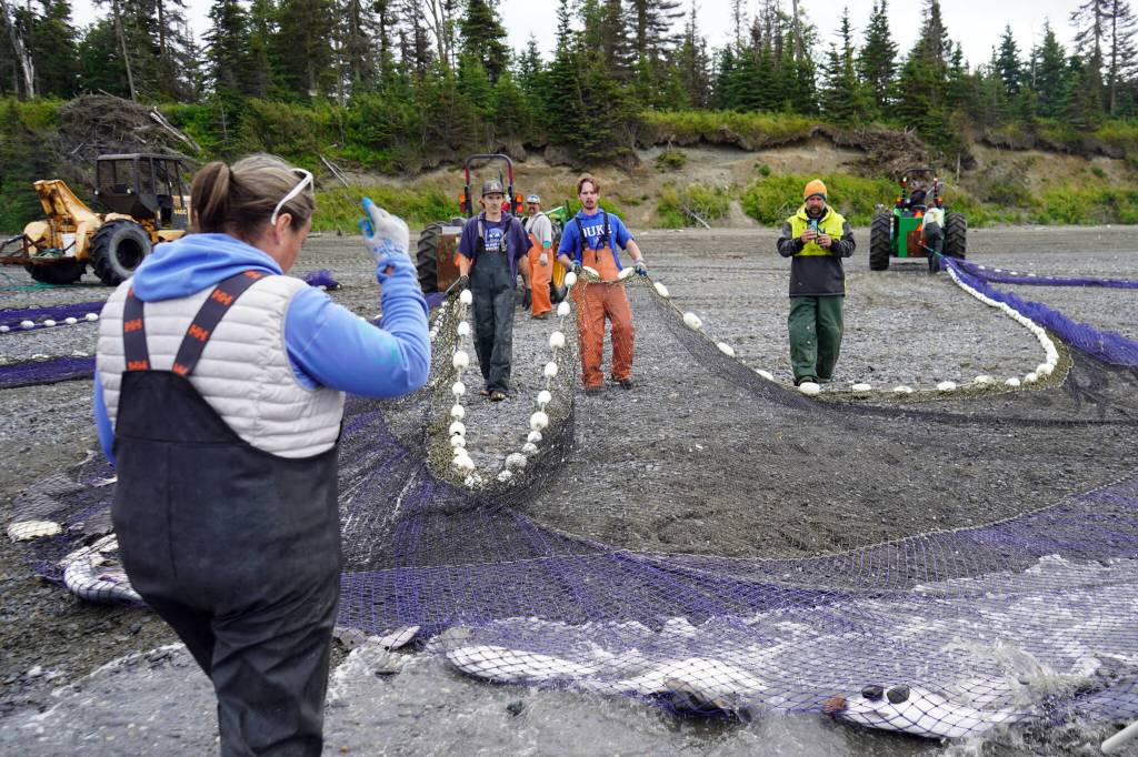 Beach seine nets are pulled from the waters of Cook Inlet at a test site for the gear near Kenai, Alaska, on Tuesday, July 30, 2024. (Jake Dye/Peninsula Clarion)