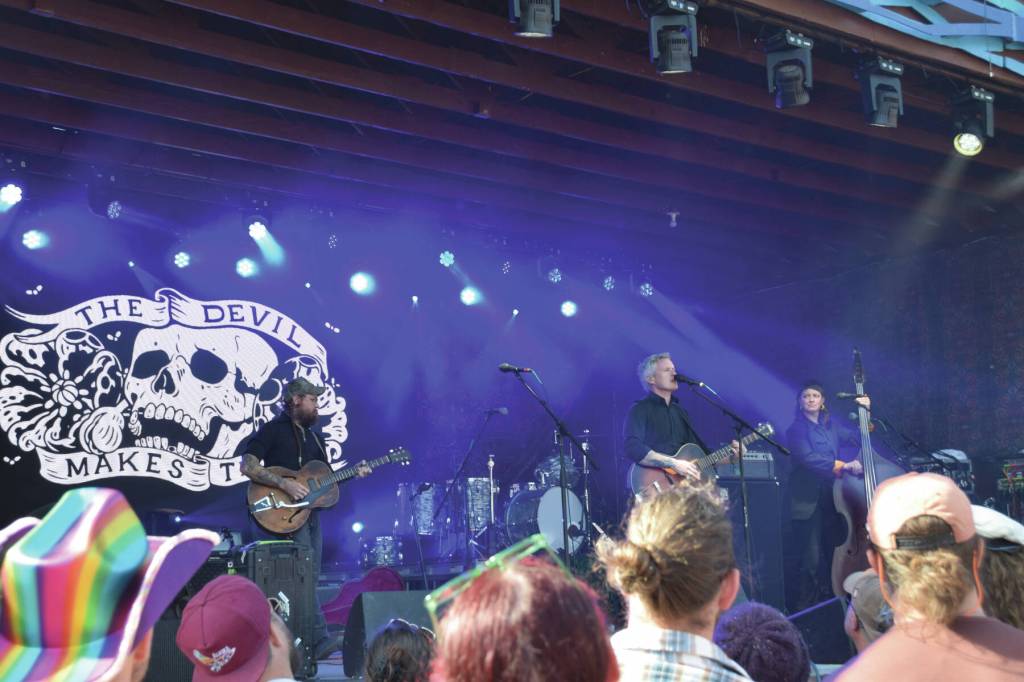 Headlining band, The Devil Makes Three, performs at the River Stage Amphitheater during Salmonfest on Sunday, Aug. 4, 2024, in Ninilchik, Alaska. (Delcenia Cosman/Homer News)