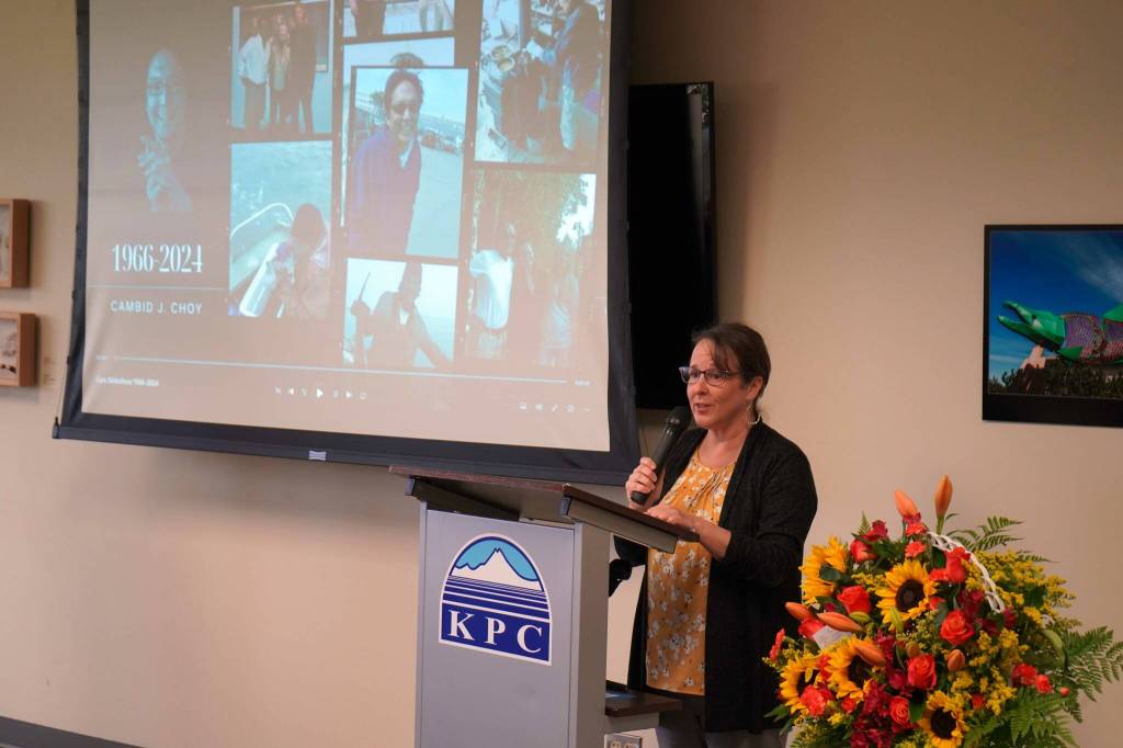 Kenai Peninsula College Director Cheryl Siemers speaks before the opening of a memorial art gallery for Kenai Peninsula College Associate Professor of Art Cambid-J Cam Choy at Kenai Peninsula College in Soldotna, Alaska, on Friday, Sept. 13, 2024. (Jake Dye/Peninsula Clarion)