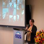Kenai Peninsula College Director Cheryl Siemers speaks before the opening of a memorial art gallery for Kenai Peninsula College Associate Professor of Art Cambid-J Cam Choy at Kenai Peninsula College in Soldotna, Alaska, on Friday, Sept. 13, 2024. (Jake Dye/Peninsula Clarion)