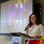 Brandi Kerley speaks before the opening of a memorial art gallery for Kenai Peninsula College Associate Professor of Art Cambid-J Cam Choy at Kenai Peninsula College in Soldotna, Alaska, on Friday, Sept. 13, 2024. (Jake Dye/Peninsula Clarion)