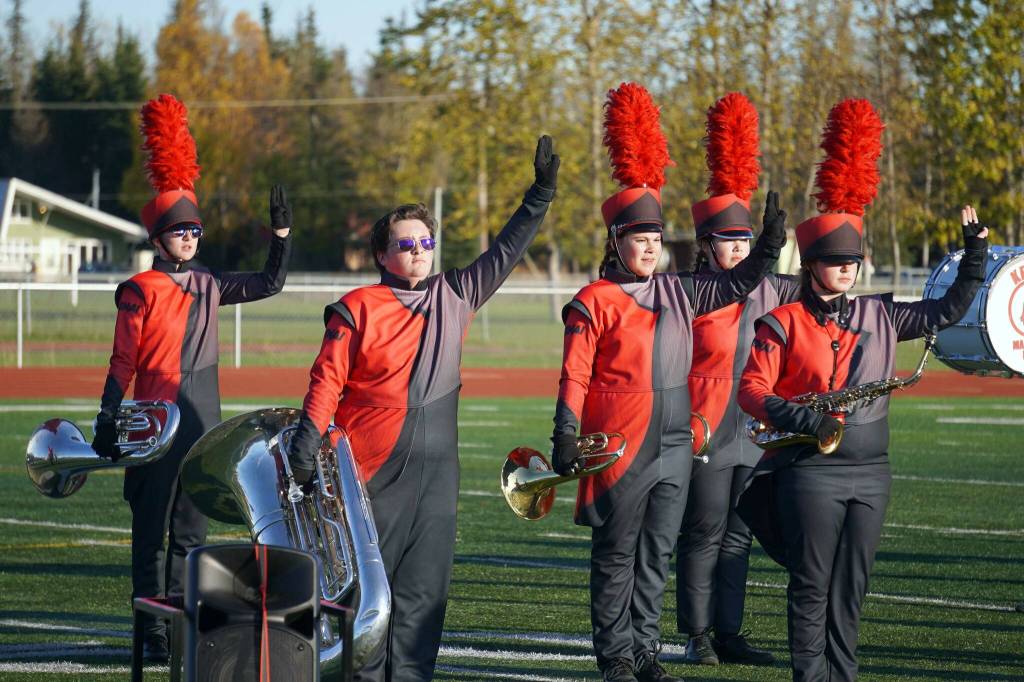 The Kenai Central High School Marching Band performs Snakes and Songbirds: The Music of the Hunger Games during the Kenai Marching Showcase at Ed Hollier Field in Kenai, Alaska, on Saturday, Sept. 21, 2024. (Jake Dye/Peninsula Clarion)