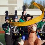 The Colony High School marching band, Thee Northern Sound, performs during the Kenai Marching Showcase at Ed Hollier Field in Kenai, Alaska, on Saturday, Sept. 21, 2024. (Jake Dye/Peninsula Clarion)
