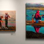 Artwork by Susie Scrivner for her exhibition, Portraits of the Kenai, fills the walls of the Kenai Art Center in Kenai, Alaska, on Thursday, Oct. 3, 2024. (Jake Dye/Peninsula Clarion)