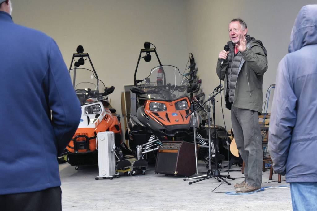 Photo by Jeff Helminiak/Peninsula Clarion
Tom Seggerman, maintenance manager for the Tsalteshi Trails Association, speaks at a winter kickoff and open house event to celebrate a new trail system maintenance shed Saturday, just outside of Soldotna.