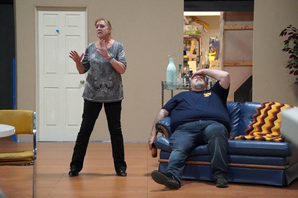 Donna Shirnberg and Ian McEwen rehearse Boeing Boeing at the Kenai Performers Theater on Kalifornsky Beach Road, near Soldotna, Alaska, on Monday, Oct. 14, 2024. (Jake Dye/Peninsula Clarion)