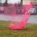 A pumkin hits target after being dropped by the vice mayor of Kenai, Henry Knackstedt, at the 9th annual Pumpkin Fall Festival in Kenai, Alaska, on Saturday, Oct. 12, 2024. (Photo by Jonas Oyoumick/Peninsula Clarion)