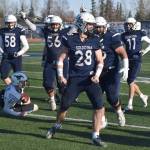 Soldotnas Wyatt Faircloth celebrates a tackle in the Division II semifinal Saturday, Oct. 19, 2024, at Justin Maile Field at Soldotna High School in Soldotna, Alaska. (Photo by Jeff Helminiak/Peninsula Clarion)