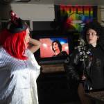 The cast of Intuition Salons shadow cast of Rocky Horror Picture Show rehearse in Kenai, Alaska, on Monday, Oct. 21, 2024. (Jake Dye/Peninsula Clarion)