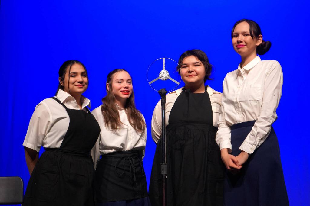 The cast of Annie rehearse at Kenai Central High School in Kenai, Alaska, on Wednesday, Nov. 6, 2024. (Jake Dye/Peninsula Clarion)