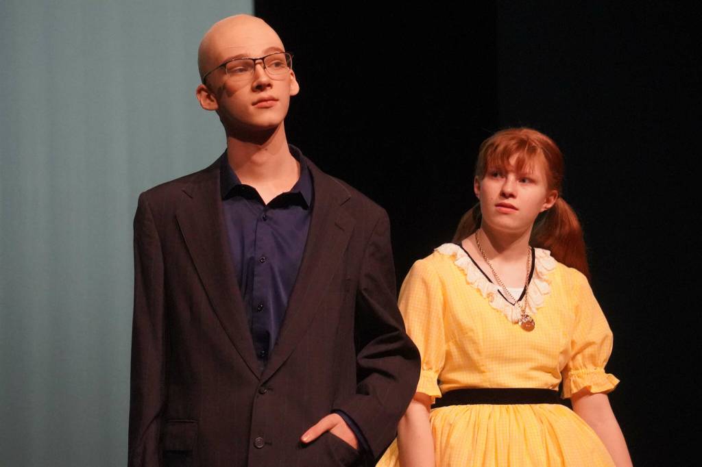 The cast of Annie rehearse at Kenai Central High School in Kenai, Alaska, on Wednesday, Nov. 6, 2024. (Jake Dye/Peninsula Clarion)