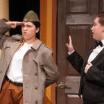 Lily Miles-Dafoe, as Colonel Mustard, and Angel Wagner, as Wadsworth, rehearse Seward High School Theatre Collectives Clue at Seward High School in Seward, Alaska, on Thursday, Nov. 7, 2024. (Jake Dye/Peninsula Clarion)