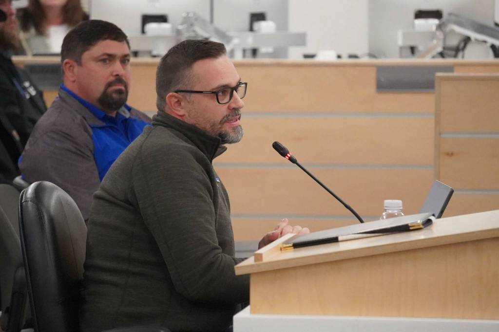 Chris Van Slyke speaks during a special meeting of the Kenai Peninsula Borough School Districts Board of Education in Soldotna, Alaska, on Monday, Nov. 18, 2024. (Jake Dye/Peninsula Clarion)