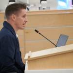 Kenaitze Indian Tribe Education Director Kyle McFall speaks during a special meeting of the Kenai Peninsula Borough School Districts Board of Education in Soldotna, Alaska, on Monday, Nov. 18, 2024. (Jake Dye/Peninsula Clarion)