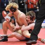 Ketchikans Titan Linne wrestles to a pin against Soldotnas Titus Watts in the final at 125 pounds at the Division I state wrestling tournament Saturday, Dec. 21, 2024, at the Alaska Airlines Center in Anchorage, Alaska. (Photo by Jeff Helminiak/Peninsula Clarion)