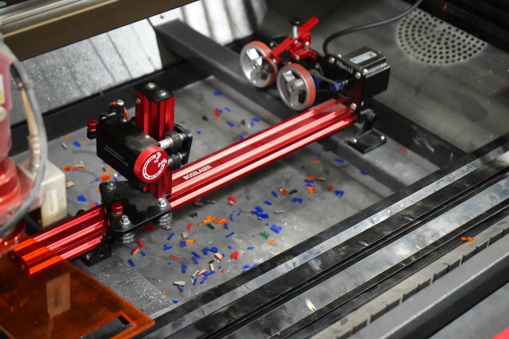 A laser cutter awaits a task in the shops at Nikiski Middle/High School in Nikiski, Alaska, on Tuesday, Feb. 12, 2025. (Jake Dye/Peninsula Clarion)