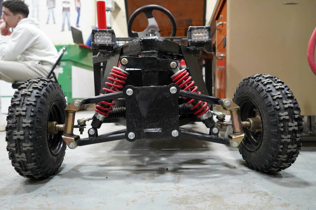 The Go-Shopping Kart designed and built by Gavin Ley in his career and technical education courses at Nikiski Middle/High School is seen at the school in Nikiski, Alaska, on Tuesday, Feb. 11, 2025. (Jake Dye/Peninsula Clarion)