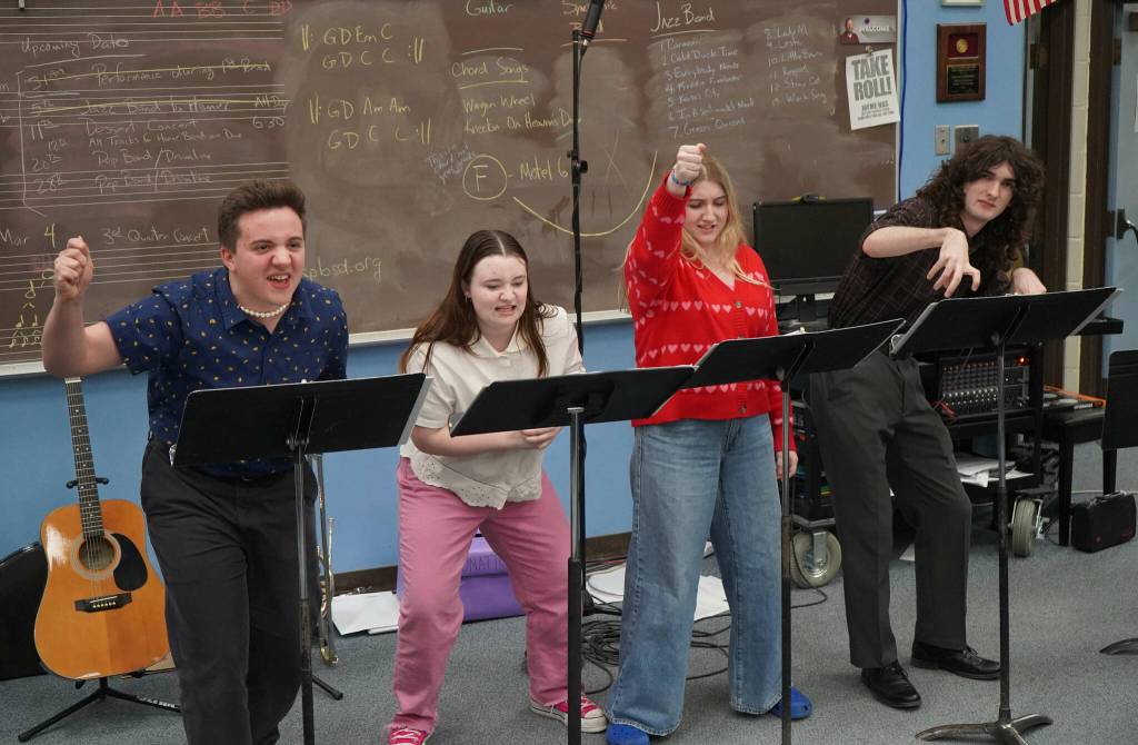 Jackson Hooper, Oshie Broussard, Belle Morris and Kincaid Jenness perform Shakespeare Abridged during the Kenai Peninsula Borough School District Drama, Debate and Forensics Invitational at Soldotna High School on Saturday, Feb. 15, 2025. (Jake Dye/Peninsula Clarion)