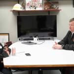 Nizhonii Wood interviews Kenai Fire Chief Jay Teague during Job Shadow Day at Kenai Fire Department in Kenai, Alaska, on Wednesday, Feb. 19, 2025. (Roddy Craig/Peninsula Clarion)