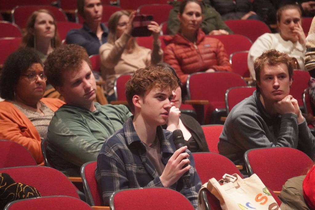 Soldotna High School student Ethan Anding asks a question during a Kenai Peninsula Borough School District budget development meeting at Kenai Central High School in Kenai, Alaska, on Wednesday, Feb. 19, 2025. (Jake Dye/Peninsula Clarion)