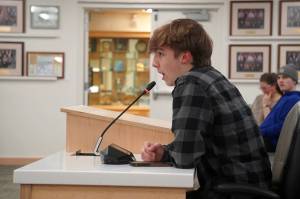 Cy Garcia, a student at Soldotna High School, speaks during a meeting of the Kenai Peninsula Borough Assembly in Soldotna, Alaska, on Tuesday, Feb. 25, 2025. (Jake Dye/Peninsula Clarion)