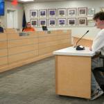 Eli Bouschor, a student at Soldotna High School, speaks during a meeting of the Kenai Peninsula Borough Assembly in Soldotna, Alaska, on Tuesday, Feb. 25, 2025. (Jake Dye/Peninsula Clarion)