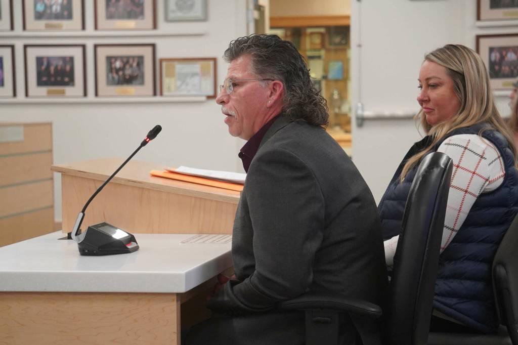 Todd Smoldon, education policy advisor to Gov. Mike Dunleavy, speaks during a meeting of the Kenai Peninsula Borough Assembly in Soldotna, Alaska, on Tuesday, Feb. 25, 2025. (Jake Dye/Peninsula Clarion)