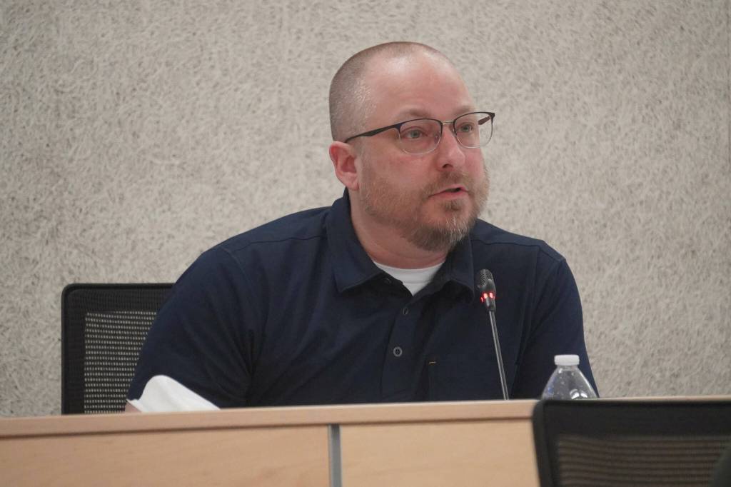 Tyson Cox speaks during a meeting of the Kenai Peninsula Borough Assembly in Soldotna, Alaska, on Tuesday, Feb. 25, 2025. (Jake Dye/Peninsula Clarion)