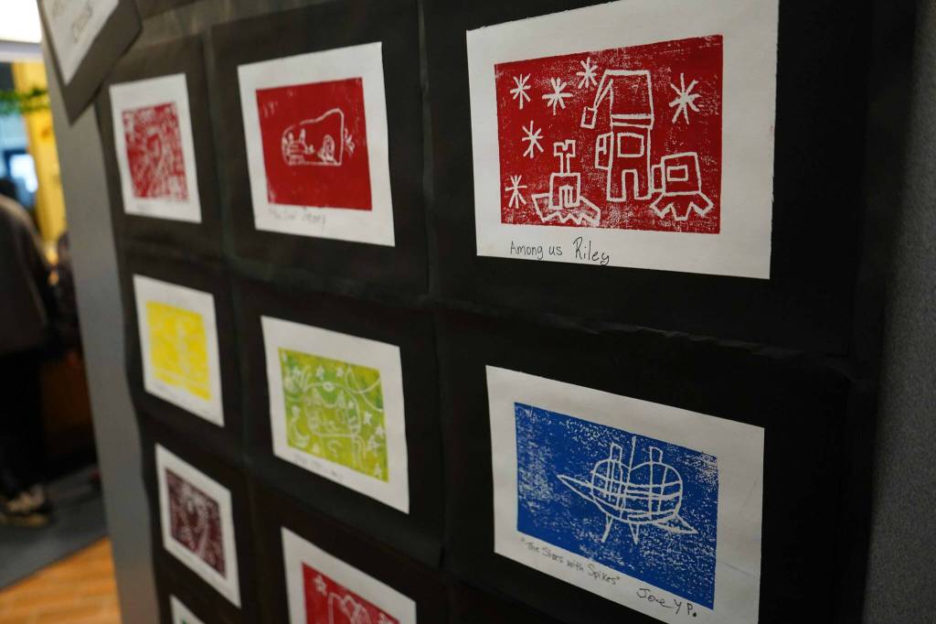 Artwork by Soldotna Elementary School students is displayed during an art show and music fundraiser at Soldotna Elementary School in Soldotna, Alaska, on Thursday, Feb. 27, 2025. (Jake Dye/Peninsula Clarion)