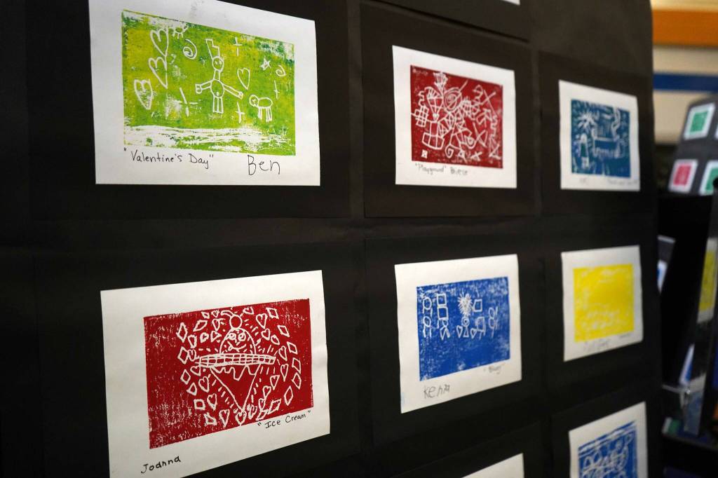 Artwork by Soldotna Elementary School students is displayed during an art show and music fundraiser at Soldotna Elementary School in Soldotna, Alaska, on Thursday, Feb. 27, 2025. (Jake Dye/Peninsula Clarion)