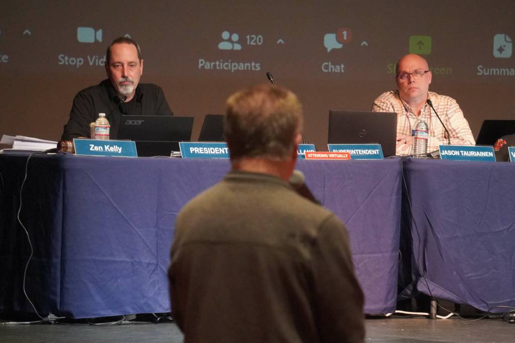 Steve Klaich speaks during a meeting of the Kenai Peninsula Borough School Districts Board of Education in Homer, Alaska, on Monday, March 3, 2025. (Jake Dye/Peninsula Clarion)