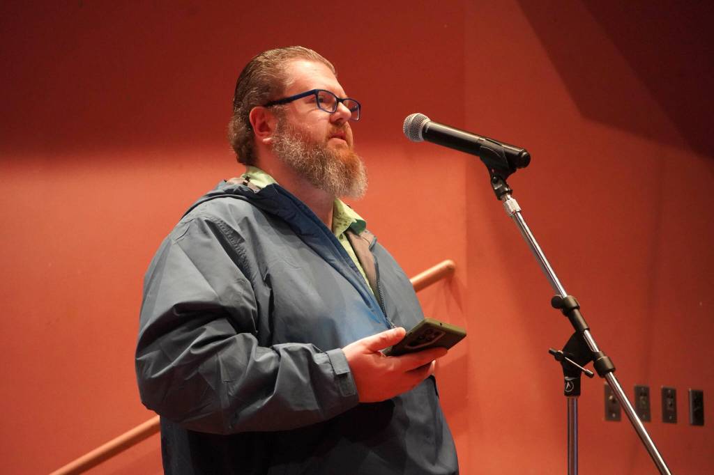 Blake Sawyer speaks during a meeting of the Kenai Peninsula Borough School Districts Board of Education in Homer, Alaska, on Monday, March 3, 2025. (Jake Dye/Peninsula Clarion)