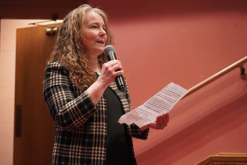 Diane Maples, principal and teacher at Nikolaevsk School, speaks during a meeting of the Kenai Peninsula Borough School Districts Board of Education in Homer, Alaska, on Monday, March 3, 2025. (Jake Dye/Peninsula Clarion)