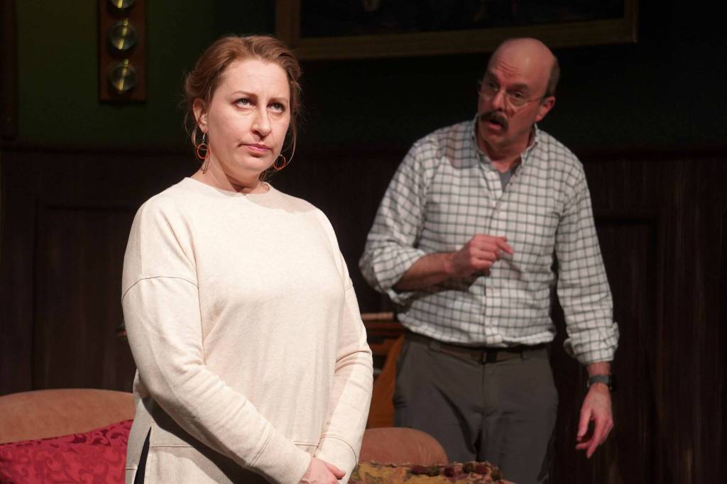 AnnMarie Rudstrom and Todd Sherwood rehearse The Mousetrap at the Kenai Performers Theater near Soldotna, Alaska, on Wednesday, March 19, 2025. (Jake Dye/Peninsula Clarion)