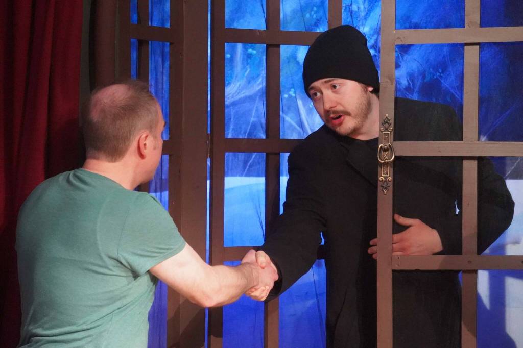 Jamie Nelson and Raleigh Van Natta rehearse The Mousetrap at the Kenai Performers Theater near Soldotna, Alaska, on Wednesday, March 19, 2025. (Jake Dye/Peninsula Clarion)