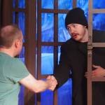 Jamie Nelson and Raleigh Van Natta rehearse The Mousetrap at the Kenai Performers Theater near Soldotna, Alaska, on Wednesday, March 19, 2025. (Jake Dye/Peninsula Clarion)