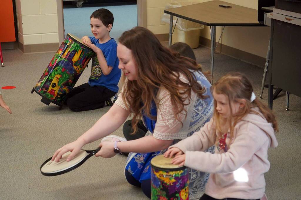 Second graders participate in a music lesson led by Delana Green at Tustumena Elementary School in Kasilof, Alaska, on Friday, March 21, 2025. (Jake Dye/Peninsula Clarion)