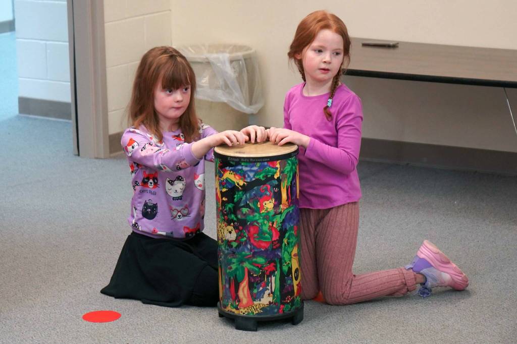 Second graders participate in a music lesson led by Delana Green at Tustumena Elementary School in Kasilof, Alaska, on Friday, March 21, 2025. (Jake Dye/Peninsula Clarion)